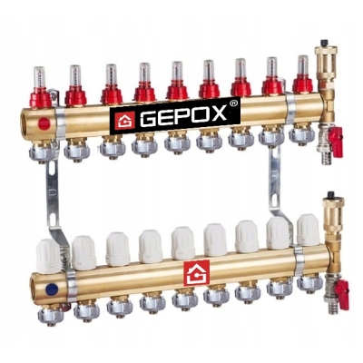 Rozdzielacz do podłogówki 9 obwodów GEPOX mosieżny do ogrzewania podłogowego